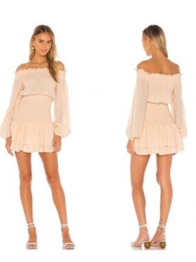 REVOLVE MAJORELLE Byron Off Shoulder Smocked Mini Dress Linen Blend Size S NWT